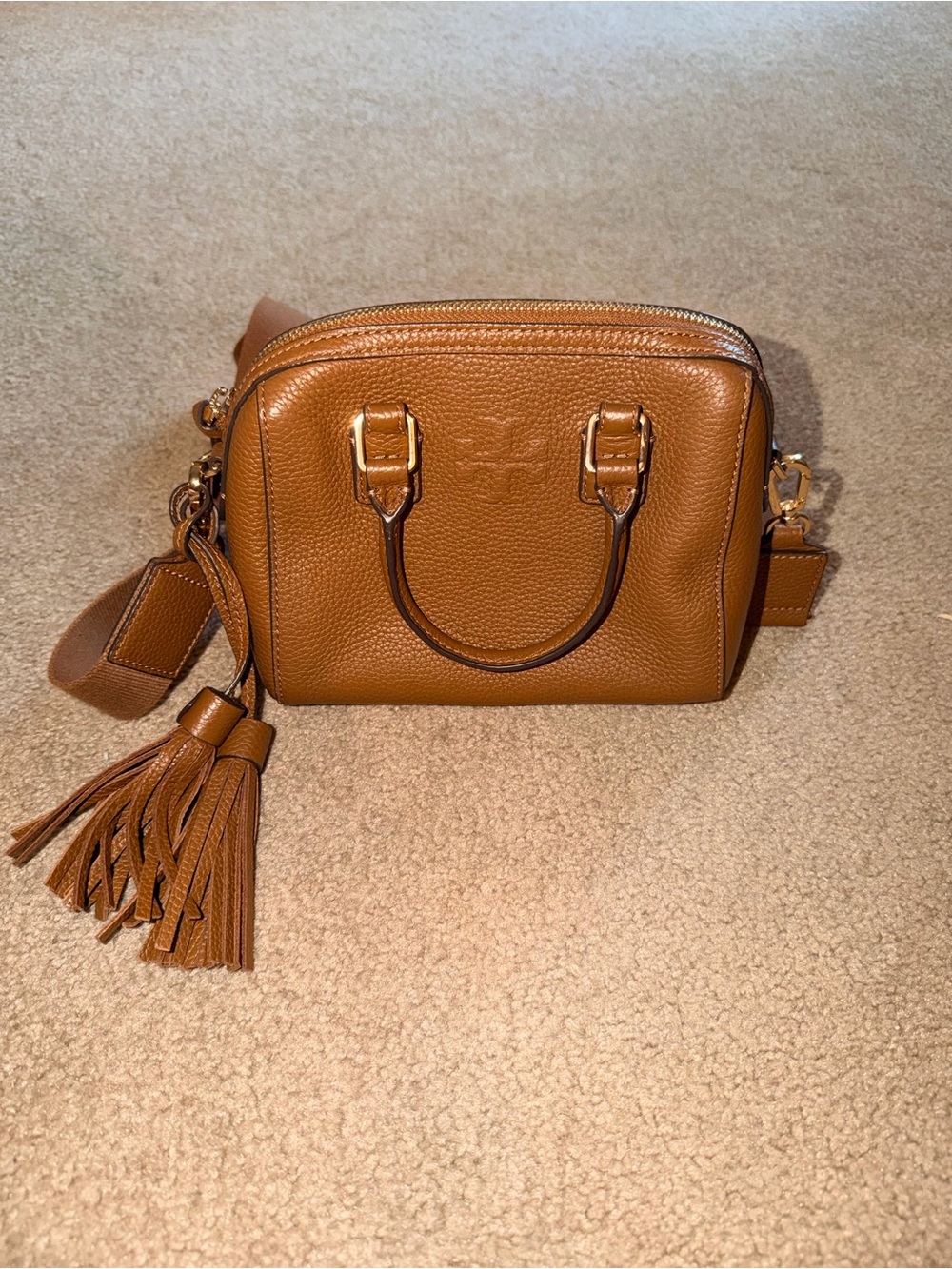 Tory Burch Pebbled Leather Crossbody in Cognac Brown with Tassel